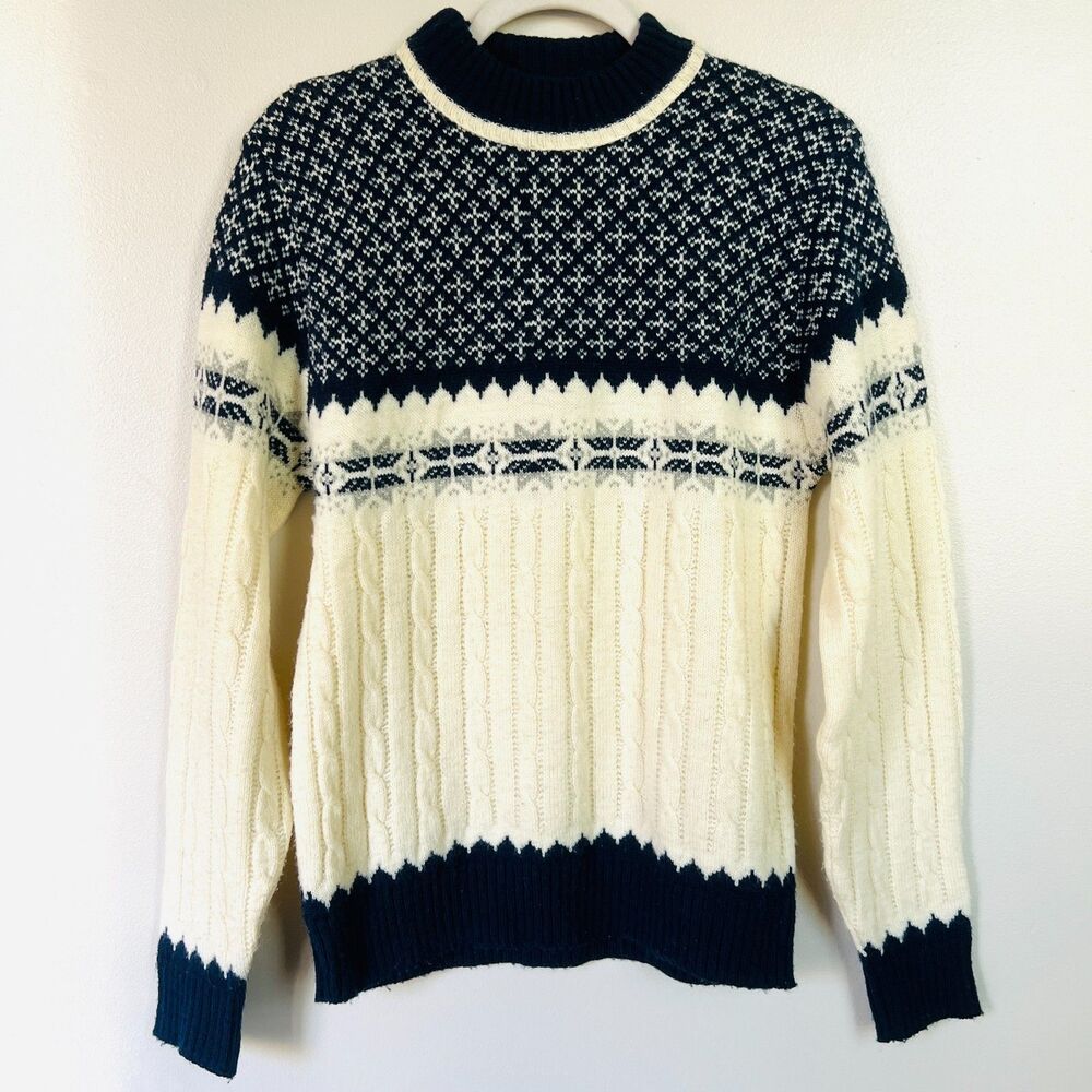 Vintage Jantzen 70s 80s Blue And White 100% Wool Fair Isle Womens Sweater Size M